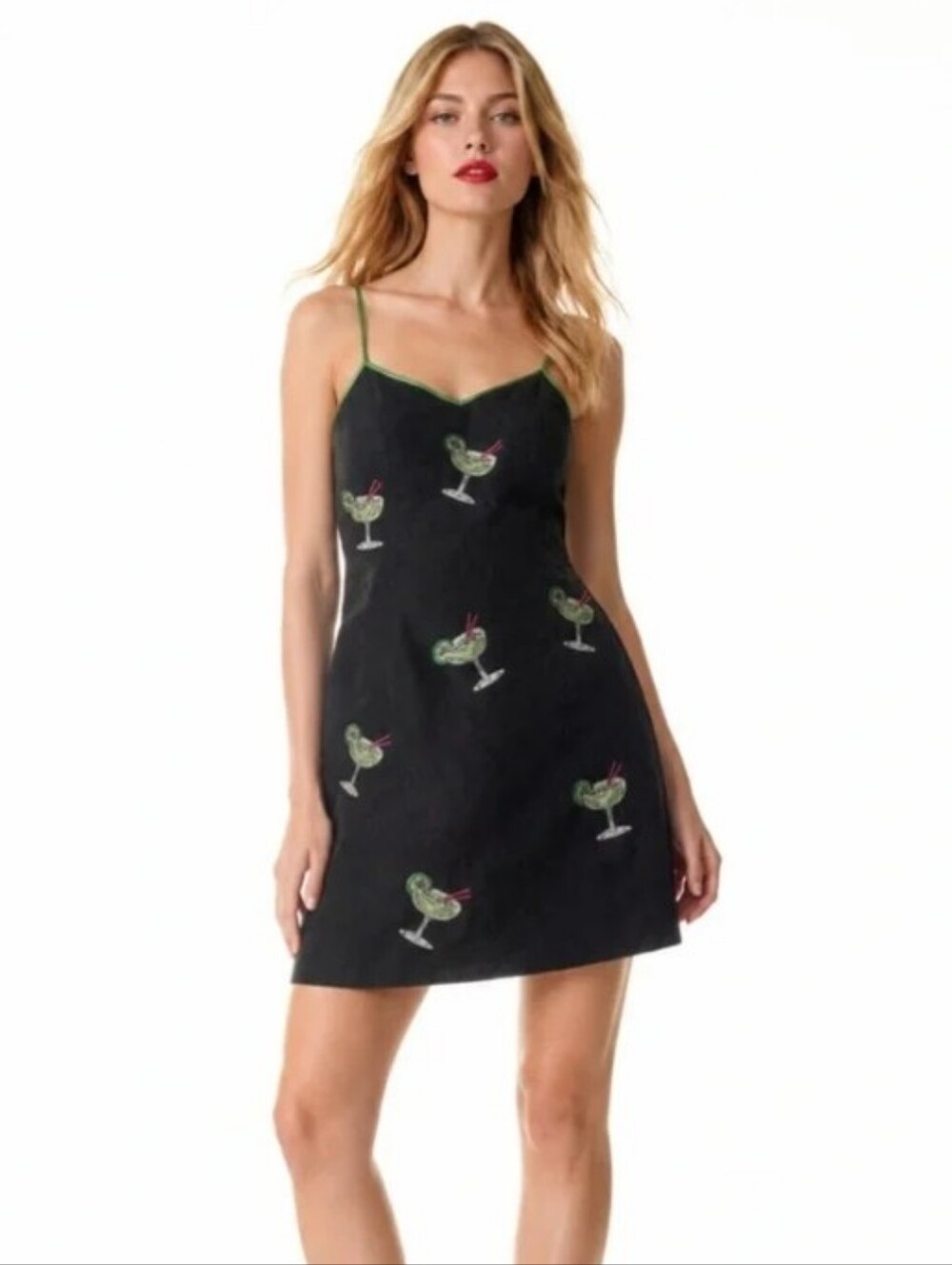 Vintage 1990s CJ Laing Size 6 Black Martini Motifs Print Silk Slip Dress